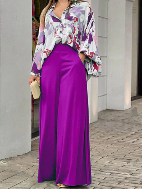 Summer Womens Two Piece Sets Elegant Long Puff Sleeve Shirt Wide Leg Pants Female Suits Print Loose Casual Trouser Suit