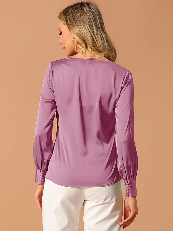 Women's Elegant Satin Shirt Long Sleeve Office Work Blouses Tops