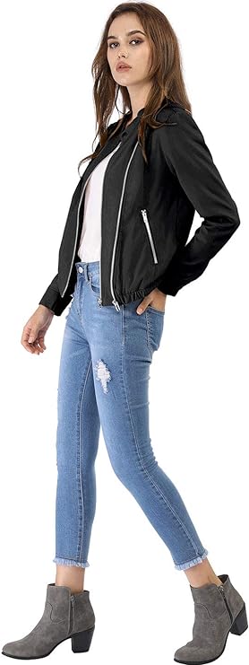 Women's Lightweight Classic Casual Stand Collar Pocket Short Biker Moto Jacket