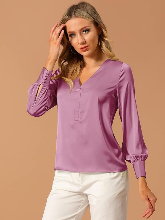 Women's Elegant Satin Shirt Long Sleeve Office Work Blouses Tops