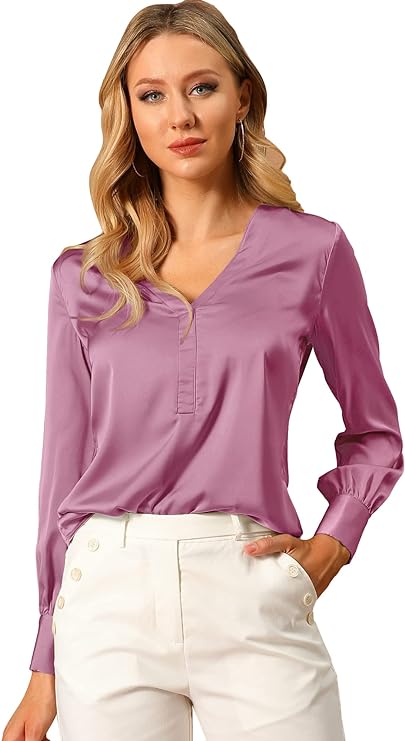 Women's Elegant Satin Shirt Long Sleeve Office Work Blouses Tops