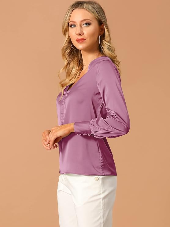 Women's Elegant Satin Shirt Long Sleeve Office Work Blouses Tops