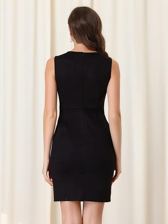 Women's Sheath Dress Sleeveless Button Decor Side Slit Suede Work Pencil Dress