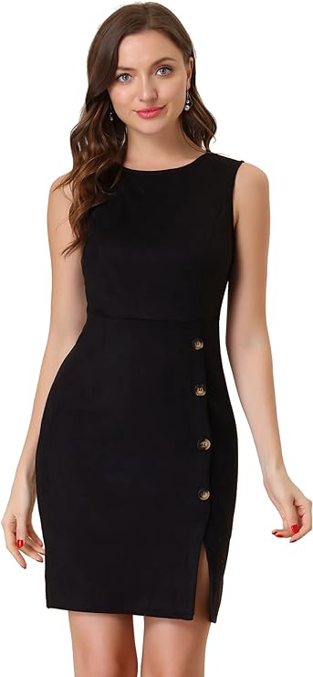 Women's Sheath Dress Sleeveless Button Decor Side Slit Suede Work Pencil Dress