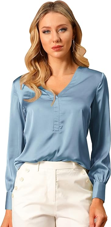 Women's Elegant Satin Shirt Long Sleeve Office Work Blouses Tops