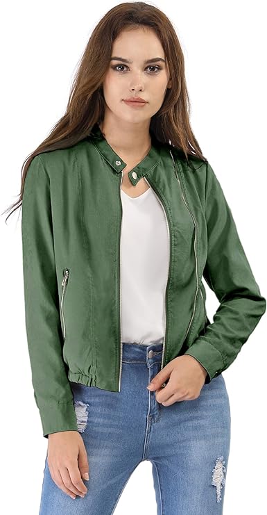 Women's Lightweight Classic Casual Stand Collar Pocket Short Biker Moto Jacket
