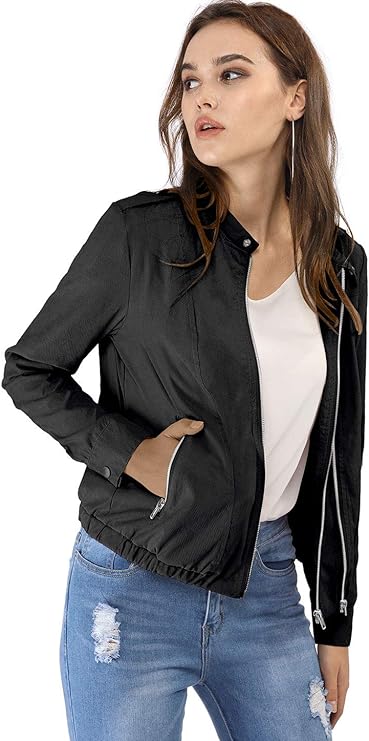 Women's Lightweight Classic Casual Stand Collar Pocket Short Biker Moto Jacket