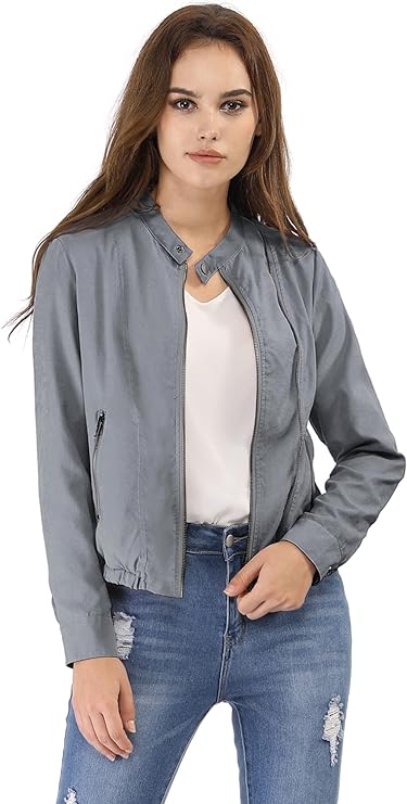 Women's Lightweight Classic Casual Stand Collar Pocket Short Biker Moto Jacket