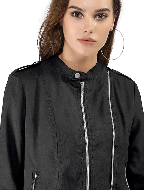 Women's Lightweight Classic Casual Stand Collar Pocket Short Biker Moto Jacket