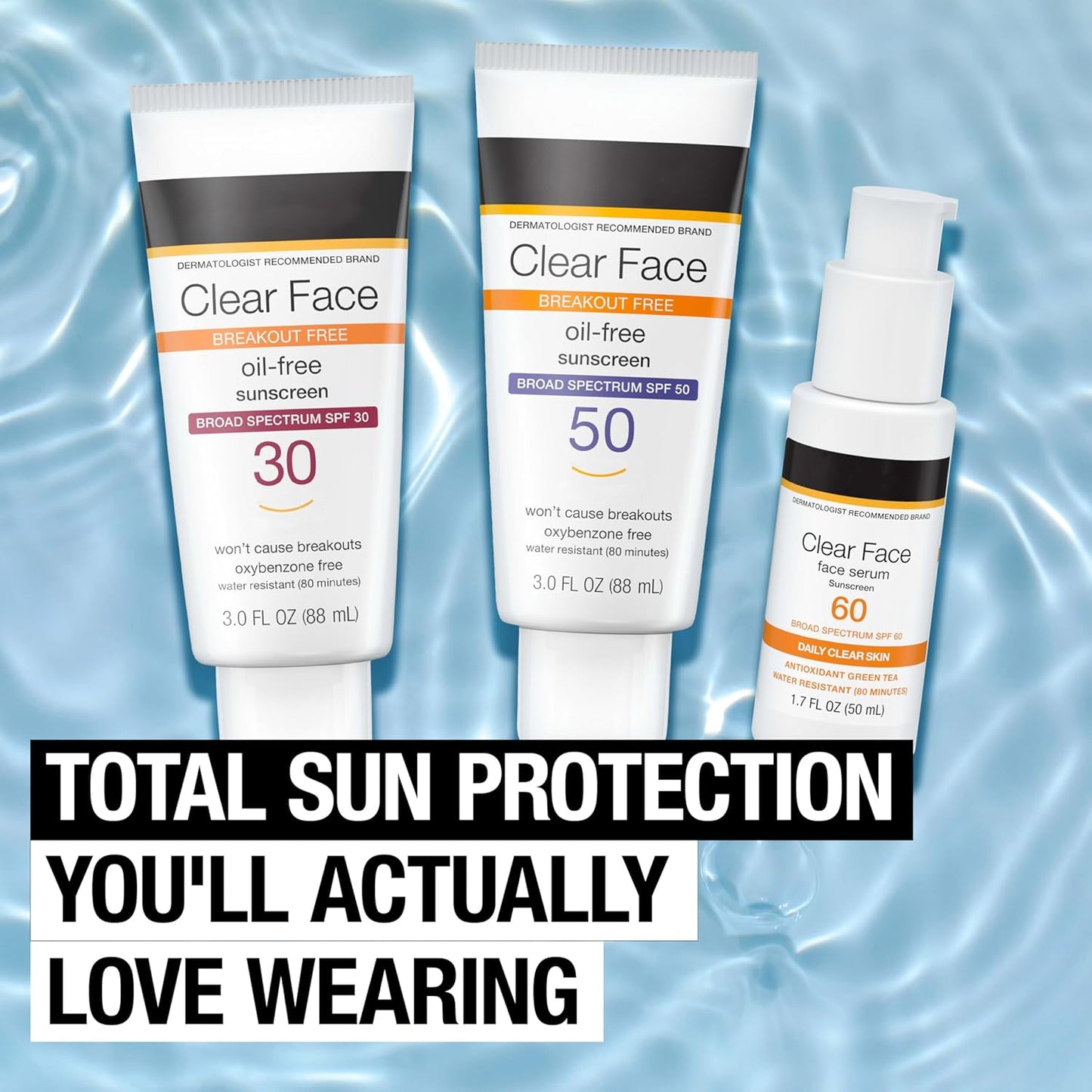 Clear Face Liquid Lotion Sunscreen for Acne-Prone Skin, Broad Spectrum SPF 50 UVA/UVB Protection