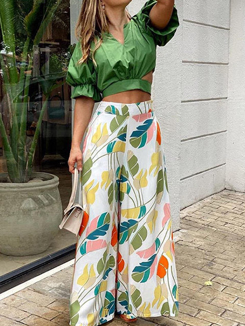 Summer Womens Two Piece Sets Elegant Long Puff Sleeve Shirt Wide Leg Pants Female Suits  Print Loose Casual Trouser Suit