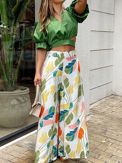 Summer Womens Two Piece Sets Elegant Long Puff Sleeve Shirt Wide Leg Pants Female Suits  Print Loose Casual Trouser Suit