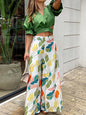 Summer Womens Two Piece Sets Elegant Long Puff Sleeve Shirt Wide Leg Pants Female Suits  Print Loose Casual Trouser Suit