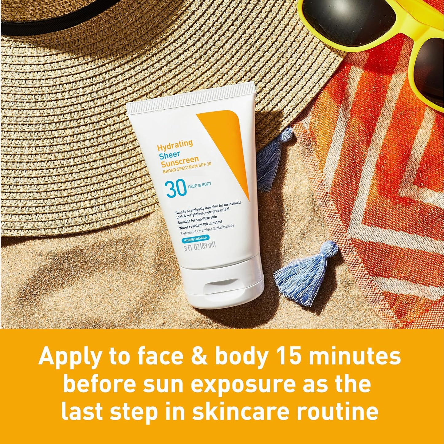 Hydrating Sheer Sunscreen SPF 30 for Face and Body, Mineral & Chemical Sunscreen with Zinc Oxide, Hyaluronic Acid, Niacinamides and Ceramides, Paraben Free Fragrance Free