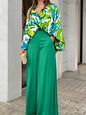 Summer Womens Two Piece Sets Elegant Long Puff Sleeve Shirt Wide Leg Pants Female Suits  Print Loose Casual Trouser Suit