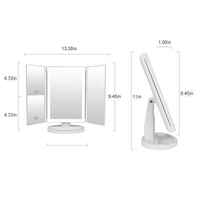 36 LED Nature Daylight Lighted Makeup Mirror,Tri-Fold Lighted Makeup Mirror with 3X/2X Magnification and Touch Screen Dimming Makeup Mirror, 180 Degree free Rotation, Countertop Cosmetic Mirror