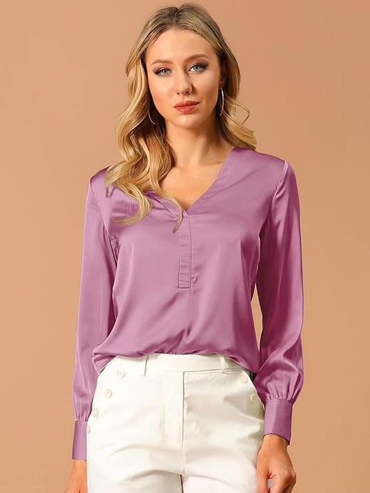 Women's Elegant Satin Shirt Long Sleeve Office Work Blouses Tops