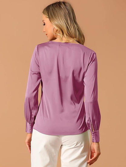 Women's Elegant Satin Shirt Long Sleeve Office Work Blouses Tops