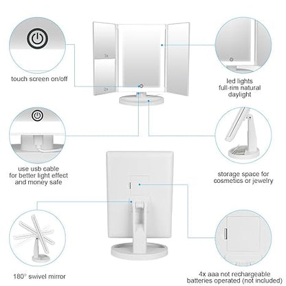 36 LED Nature Daylight Lighted Makeup Mirror,Tri-Fold Lighted Makeup Mirror with 3X/2X Magnification and Touch Screen Dimming Makeup Mirror, 180 Degree free Rotation, Countertop Cosmetic Mirror