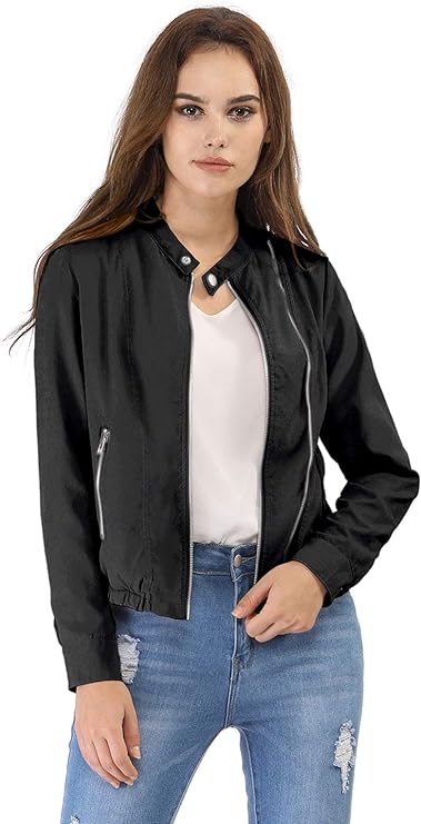 Women's Lightweight Classic Casual Stand Collar Pocket Short Biker Moto Jacket