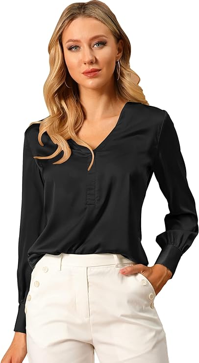 Women's Elegant Satin Shirt Long Sleeve Office Work Blouses Tops