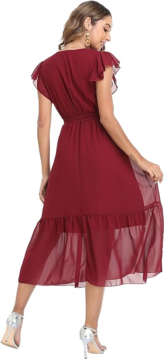 Women's Floral Summer Dress Wrap V Neck Ruffle Midi Dress