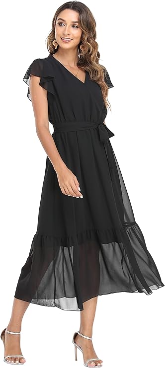 Women's Floral Summer Dress Wrap V Neck Ruffle Midi Dress