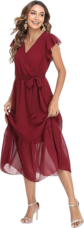 Women's Floral Summer Dress Wrap V Neck Ruffle Midi Dress