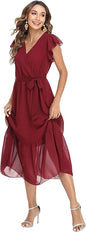 Women's Floral Summer Dress Wrap V Neck Ruffle Midi Dress