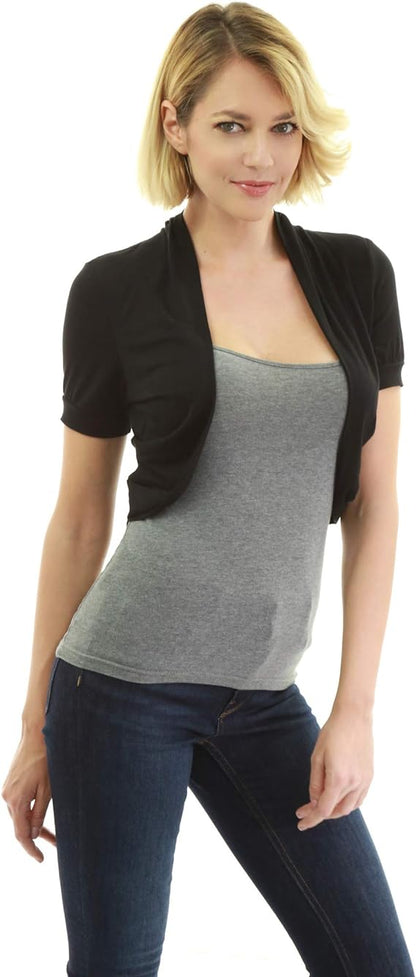 Women Short Sleeve Bolero Shrug Open Front Pleated Sides Cropped Cardigan