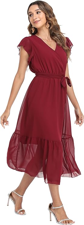 Women's Floral Summer Dress Wrap V Neck Ruffle Midi Dress