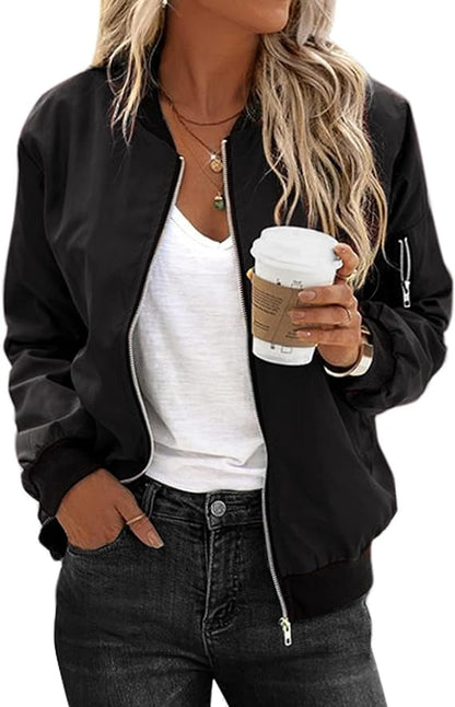 Women Bomber Jacket Casual Jackets Lightweight Zip Up Jacket Classic Solid Jacket