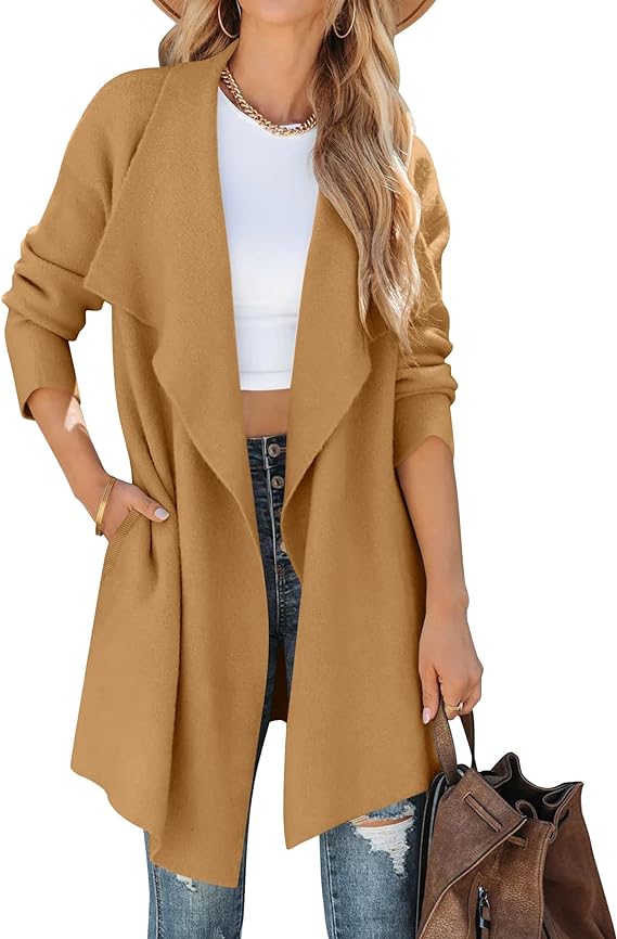 Women's Casual Lapel Cardigan Long Sleeve Open Front Irregular Hem Soft Knitted Sweater Coat with Pockets