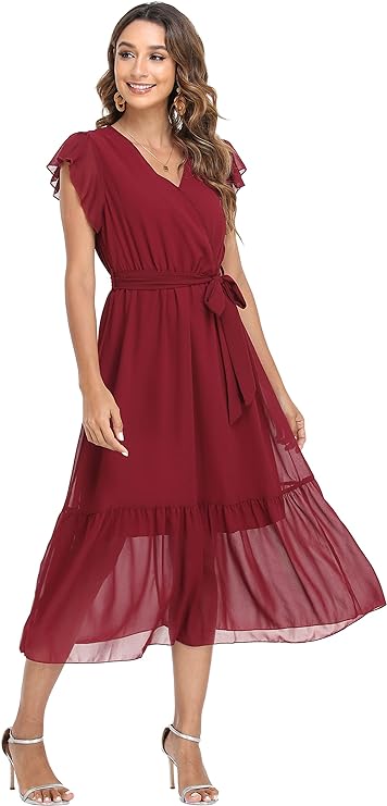 Women's Floral Summer Dress Wrap V Neck Ruffle Midi Dress