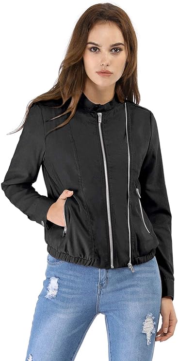 Women's Lightweight Classic Casual Stand Collar Pocket Short Biker Moto Jacket
