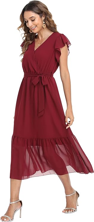 Women's Floral Summer Dress Wrap V Neck Ruffle Midi Dress