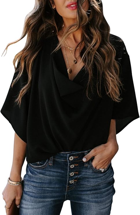 Womens Blouses and Tops for Work Fashion Casual Summer Short Sleeve Wrap V Neck Draped Front Blouses