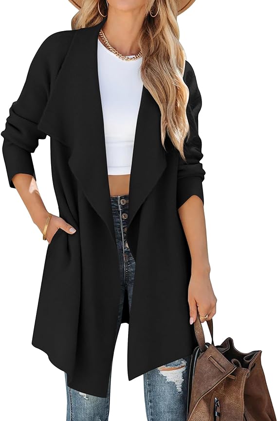 Women's Casual Lapel Cardigan Long Sleeve Open Front Irregular Hem Soft Knitted Sweater Coat with Pockets