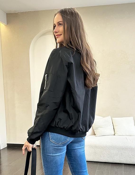 Women Bomber Jacket Casual Jackets Lightweight Zip Up Jacket Classic Solid Jacket
