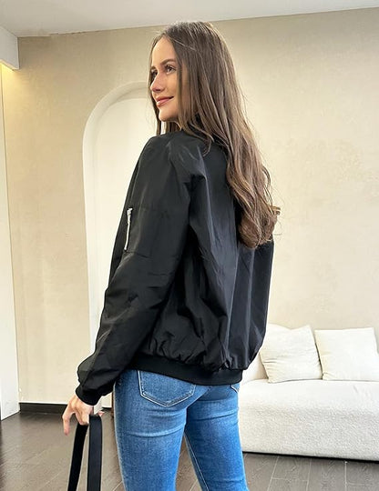 Women Bomber Jacket Casual Jackets Lightweight Zip Up Jacket Classic Solid Jacket