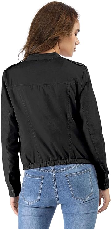 Women's Lightweight Classic Casual Stand Collar Pocket Short Biker Moto Jacket
