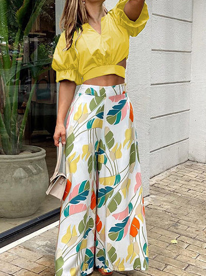 Summer Womens Two Piece Sets Elegant Long Puff Sleeve Shirt Wide Leg Pants Female Suits  Print Loose Casual Trouser Suit