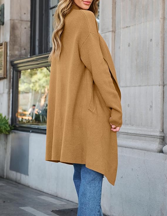 Women's Casual Lapel Cardigan Long Sleeve Open Front Irregular Hem Soft Knitted Sweater Coat with Pockets