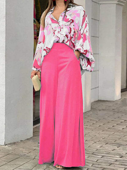 Summer Womens Two Piece Sets Elegant Long Puff Sleeve Shirt Wide Leg Pants Female Suits  Print Loose Casual Trouser Suit
